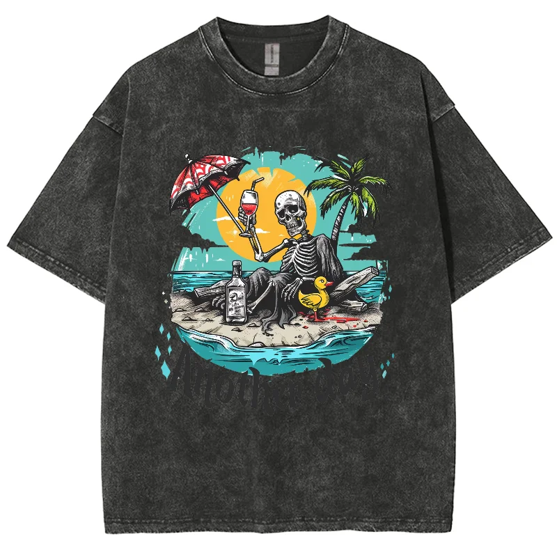 

Beach Coconut Tree Skull Print Women's T-Shirt Oversized Loose Wash Cotton Short Sleeve Casual Fashion Street Hip Hop Top 2024