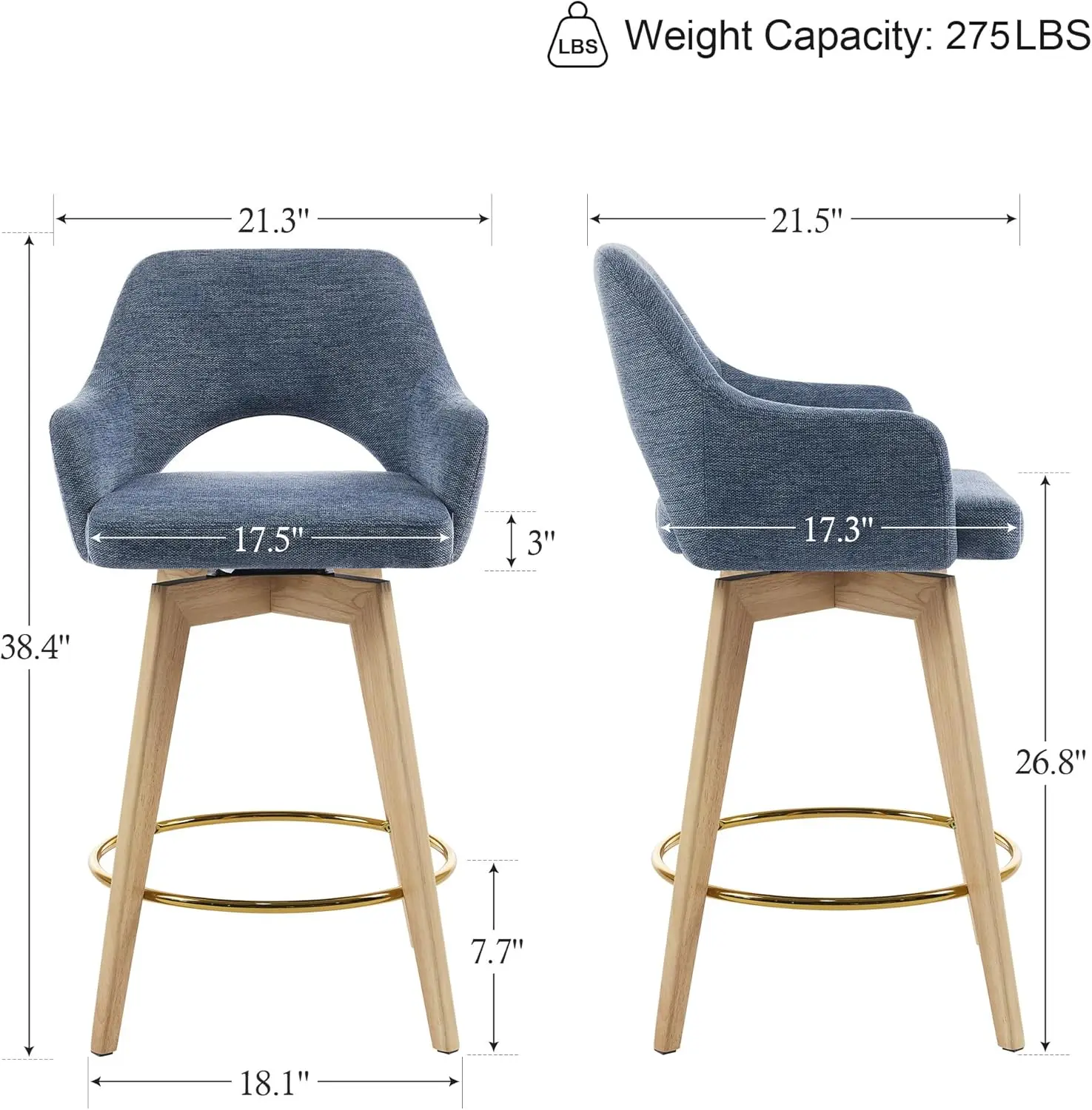 26'' Counter Height Bar Stools Set of 2, Mid Century Modern Bar Stools for Kitchen Island, Upholstered Swivel Barstools