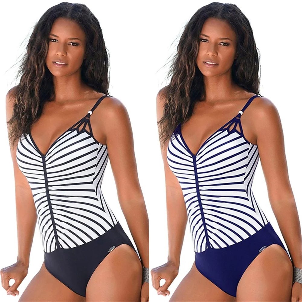 

2024 summer fashion beach vacation seaside new swimsuit Swimsuit one-piece striped V-neck sexy bikini swimsuit