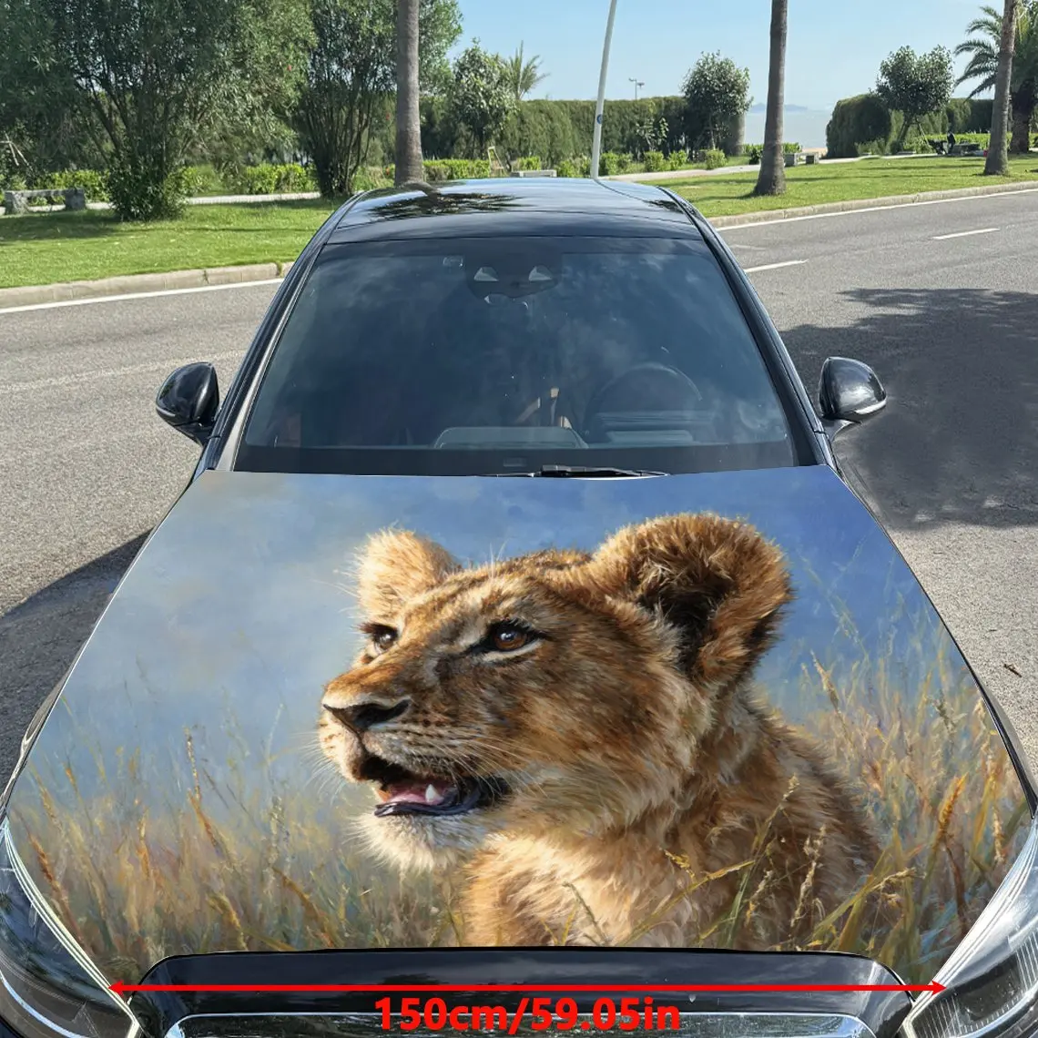 Car Decals A Lion Cub With A Spirited Look Against A Grassland - Style Background Car Hood Sticker, Waterproof Self - Adhesive V