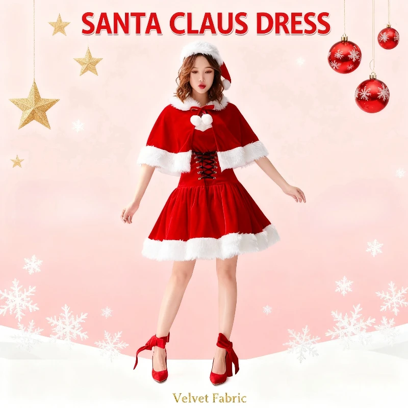 

[You're My Secret] Lady's Carnival Party Christmas Cosplay Costumes Women Sexy Plush Trim Patchwork Dress with Cape Fancy Dress