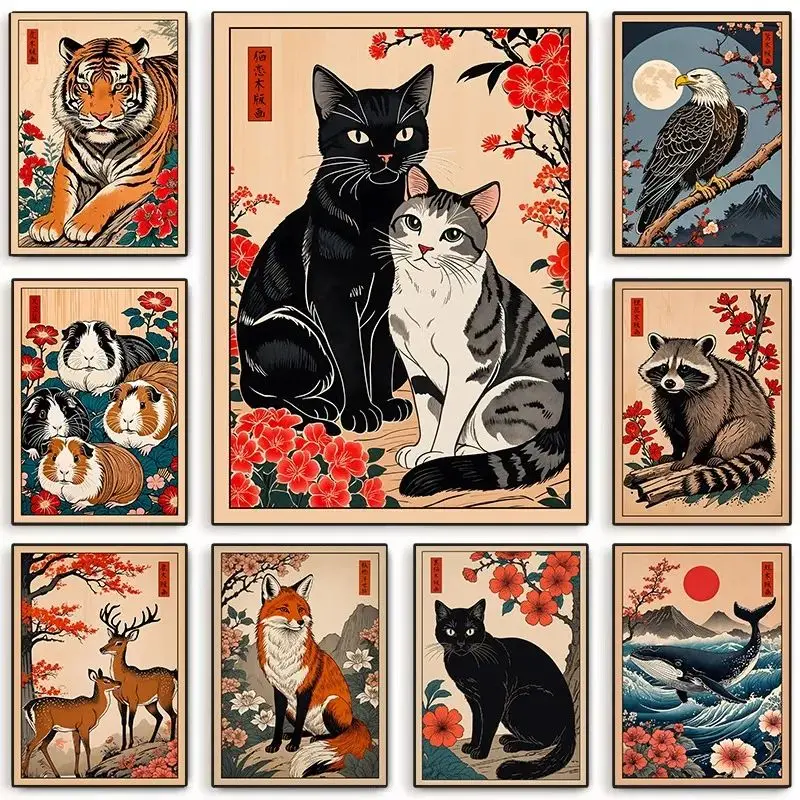 Traditional Japanese Chinese Chinese Animal Art Canvas Print Vintage Tiger Fox Deer Whale Retro Poster Illustration Wall