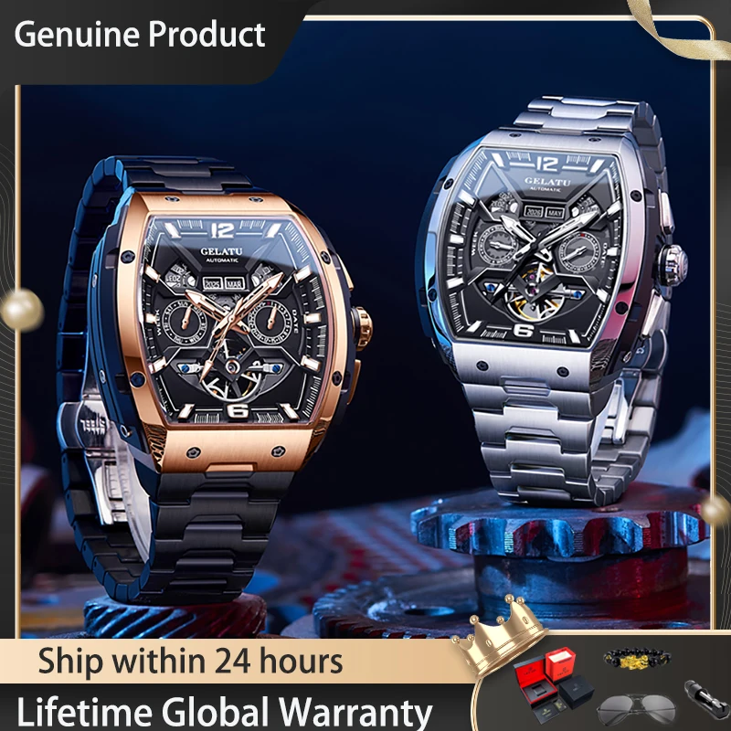 GELATU Mens Watch High Quality Original Automatic Mechanical Watch﻿ 50M Waterproof Week Date Watches For Men Gift Box 6013