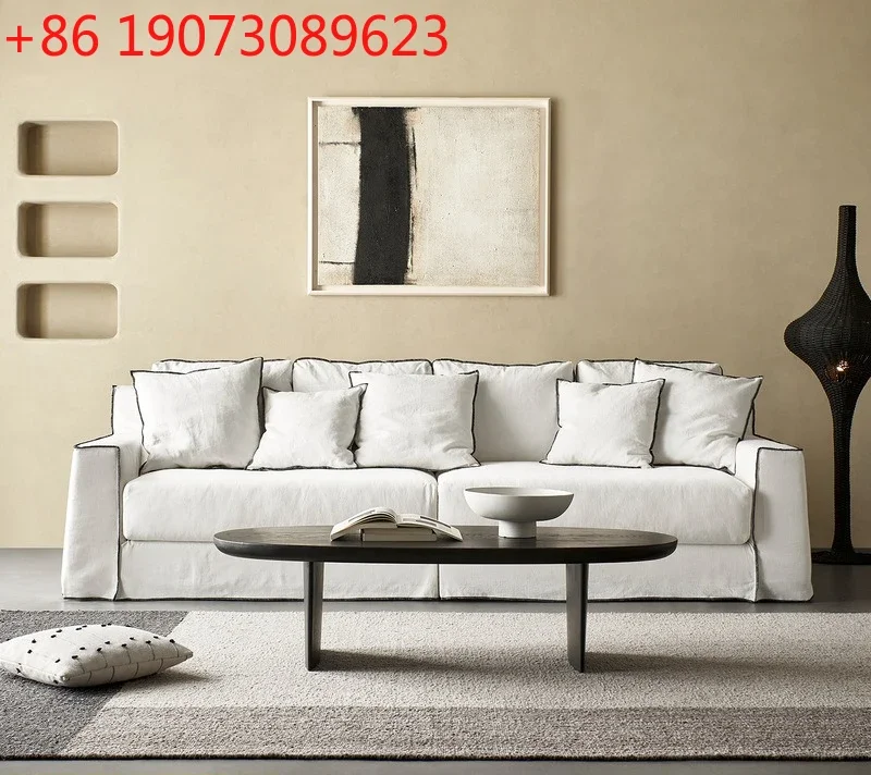 Living room new wabi-sabi wind model room B & B linen fabric cream wind straight row sofa