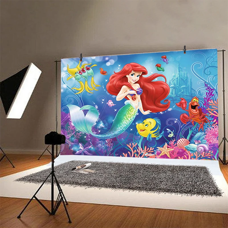 ฉากหลังแอเรียลนางเงือกน้อยสาวปาร์ตี้วันเกิดมีความสุขใต้ทะเลถ่ายภาพพื้นหลังแบนเนอร์ตกแต่งรูปภาพสตูดิโอ