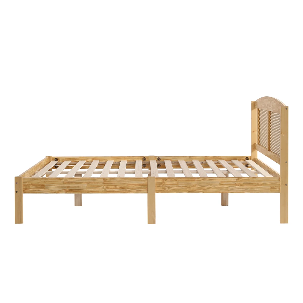 PINGGO Naturrattan-Doppelbett 160x200cm Kiefernholz PE-Rattan 15 Latten Mittelstützfüße Rattan-Netzkissen Ohne Matratze – Detail 12