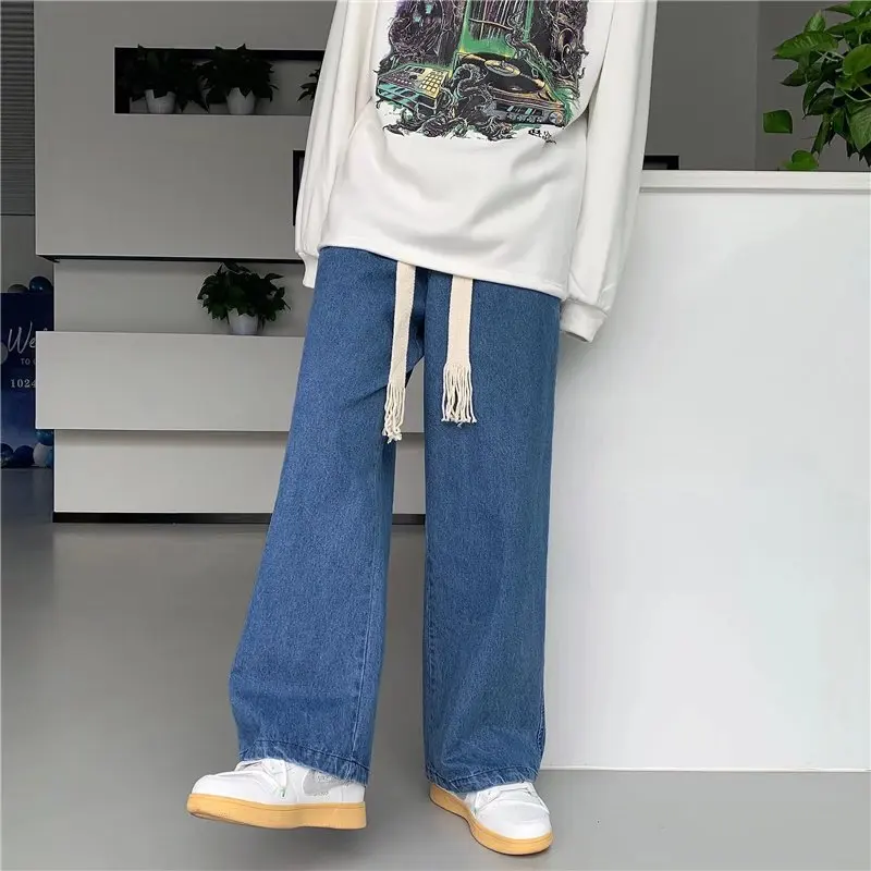 

Men Baggy Jeans Streetwear Men Korean Style Unisex Simple Solid Color Loose Straight Leg Trousers Men Clothing Blue Black Jeans