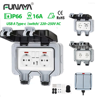 IP66 16A Waterproof Outdoor Wall Sockets EU French KR Dua Outlets with USB Type-c Switch 220V Electrical Power Outside Outlet