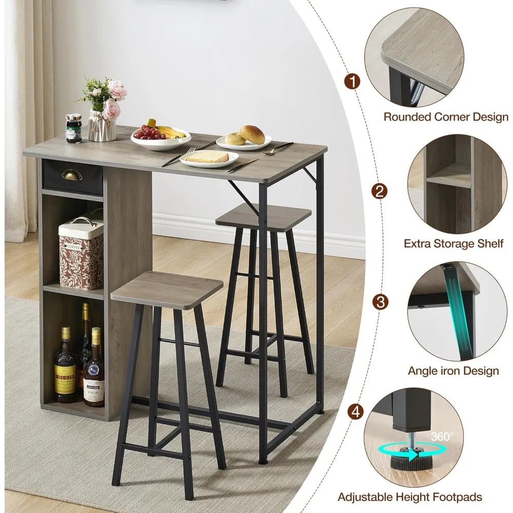 Dining Table for 2, Kitchen Table and Chairs for 2, 3 Piece Small Dining Table with Storage Drawer & Shelf, 2 Bar Stools