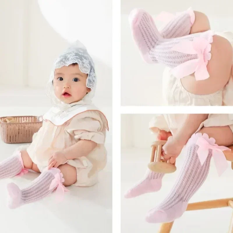 Sommer Ultra-dünne Mesh Socken Baby Mädchen Moskito Beständig Knie Socke Nette Neugeborene Rosa Schleife Hohl Baumwolle Baby Kleidung neue Geboren