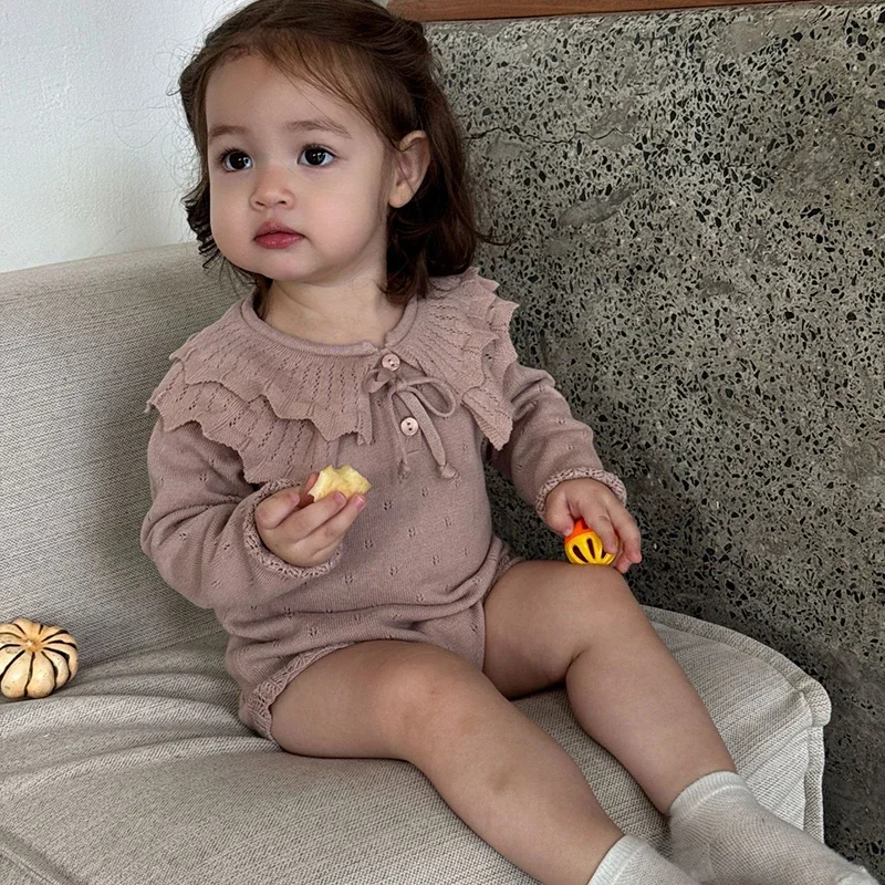 

2025 New Autumn 0-24M Toddler Baby Girls Knitted Bodysuits Long Sleeved Solid Color Infant Baby Girls Knitted Jumpsuit