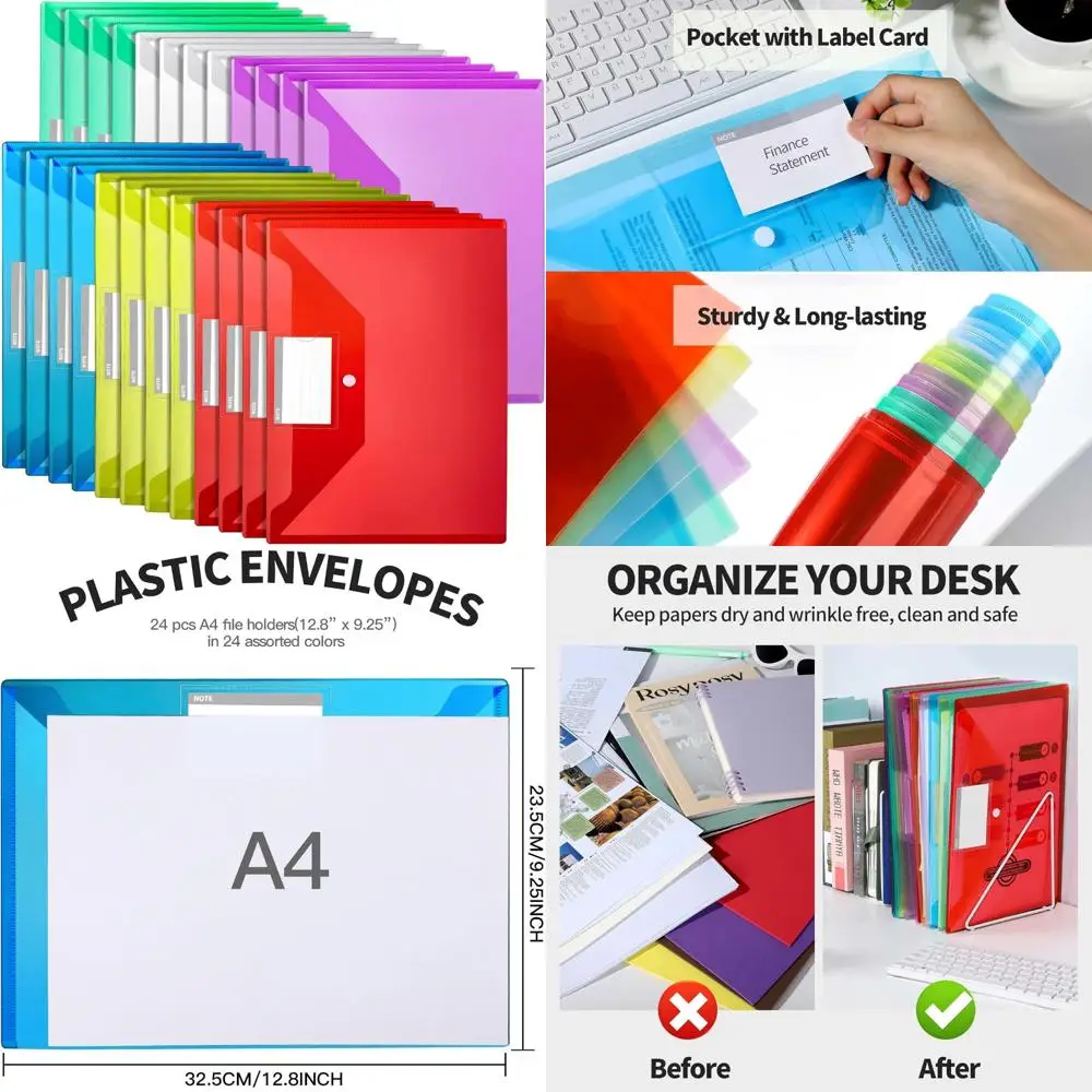 

Plastic File Folders with Pocket, 24PCS Plastic Envelopes with Snap Closure, Folders for Documents, Reusable File Bags, A4 Size