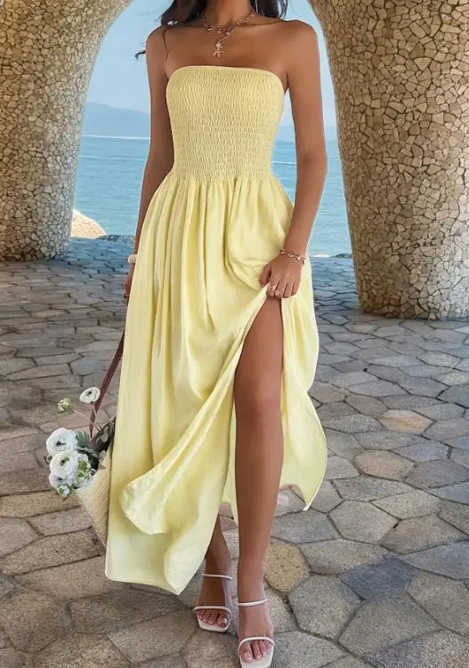 

Women Dresses 2026 Spring Summer New Fashionable Spicy Girl Solid Color Casual Vacation Strapless Shirred Long Dress