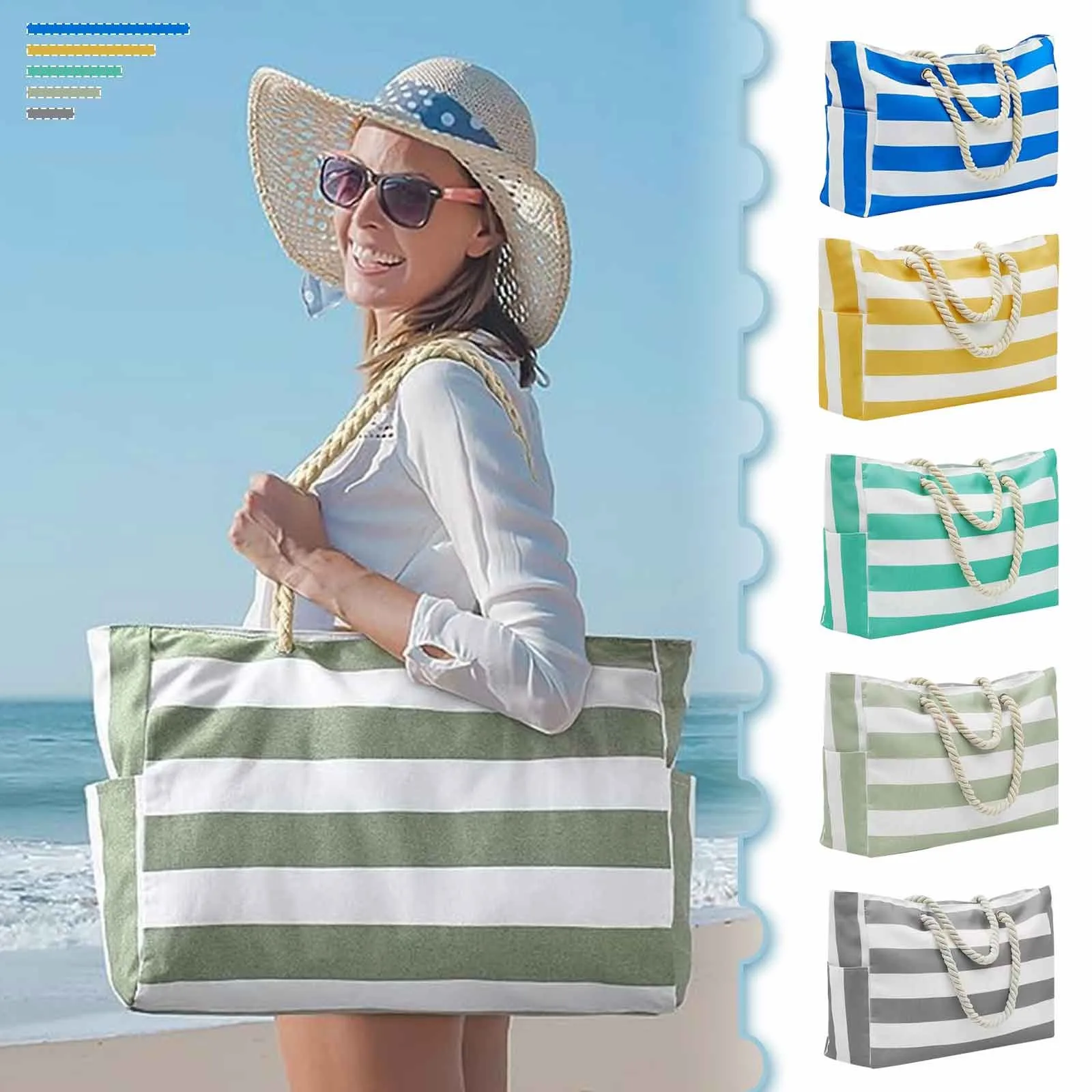 Striped Zipper Double Outer Bag Canvas Polyester Beach Bag For Outdoor Travel Seaside Vacation Large Capacity Women\'S Handbag