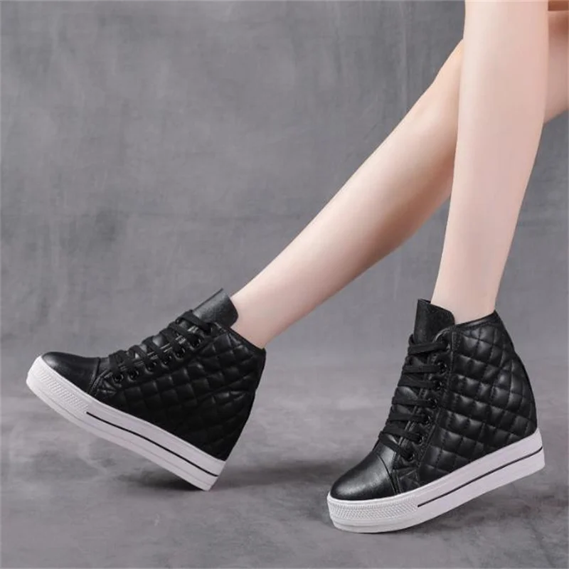 8cm Genuine Leather Women\'s White Shoes Platform Sneakers Spring autumn Fashion Women Black Increase Casual Vulcanized shoes 39