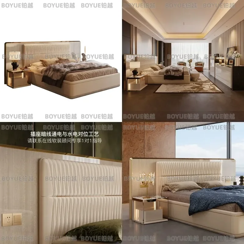 Italian Luxury Leather Bed Modern Master Bedroom High End Simple Atmosphere Widescreen Design Furniture