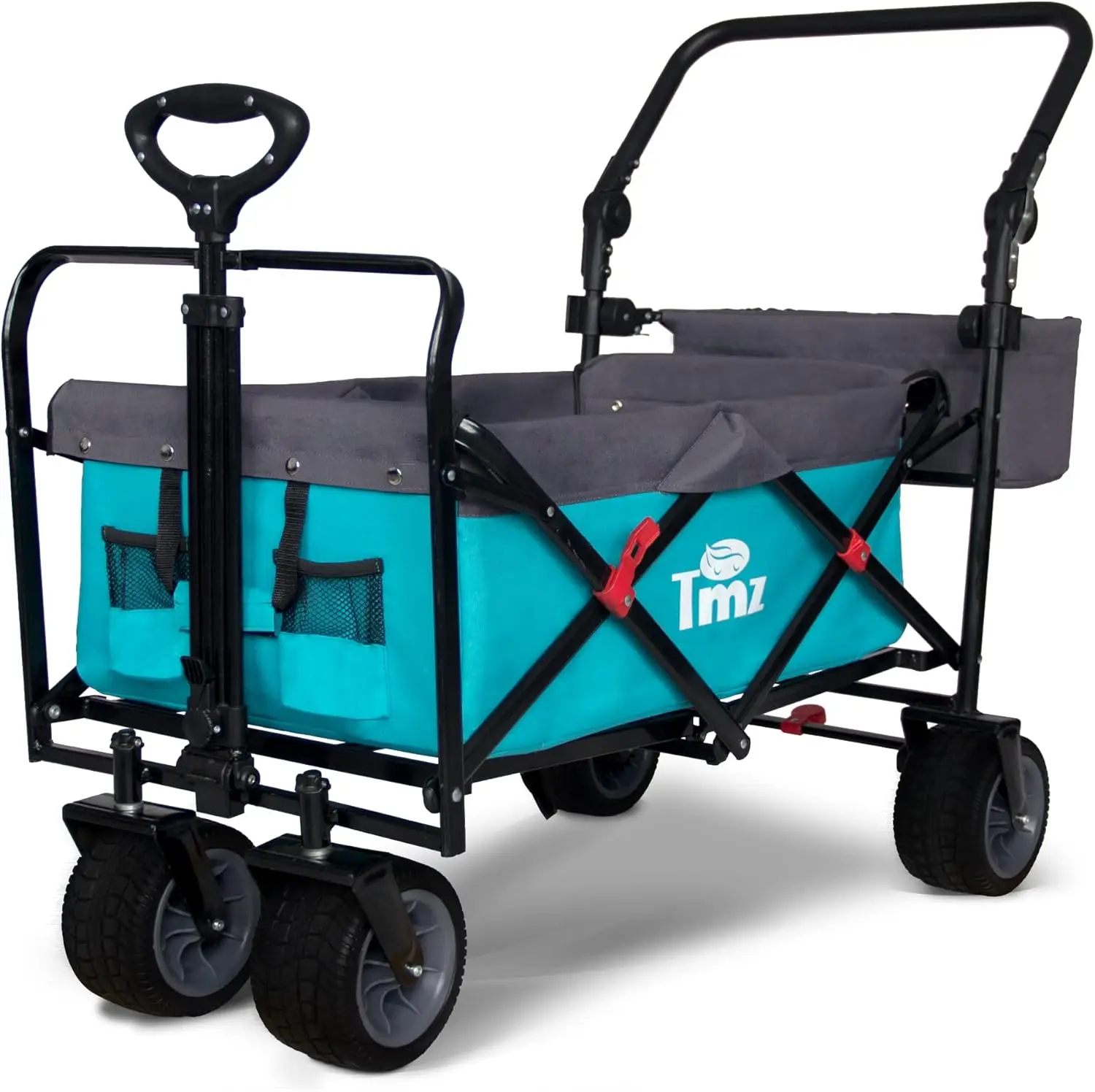 Shopping, Camping and Outdoor Activities, All-Terrain, Turquoise/Grey, Heavy Duty Folding Wagon with Push Handle and Brake
