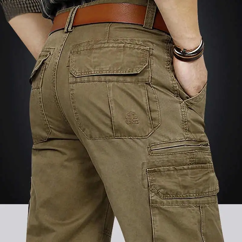 Men's Outdoor Casual Cotton Work Trousers Spring Autumn Large Size Multi-Pocket Straight Leg Wear-Resistant Long Pants