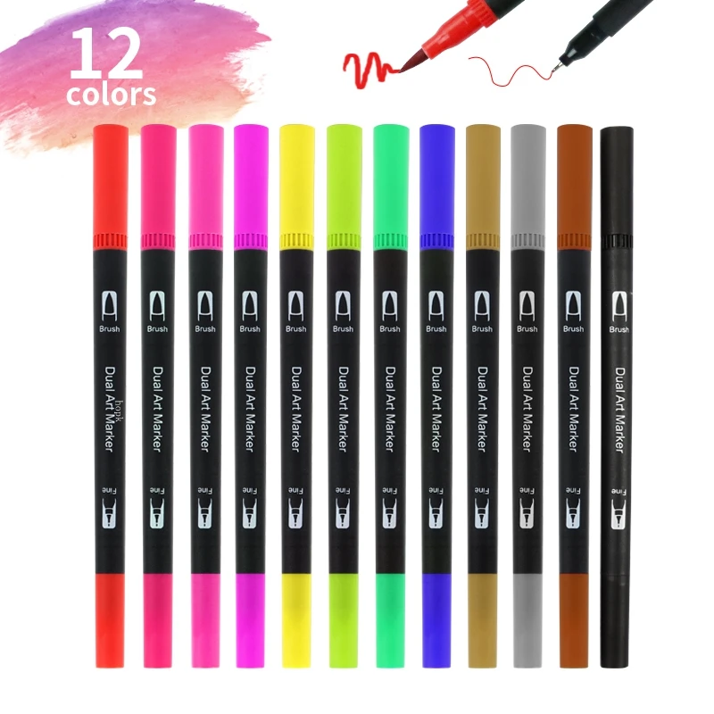 12 Colors Artist Coloring Marker Pens, Fine & Brush Dual Tip Pen Art Supplier for Manga Coloring Books Drawing Planner Scrapbook