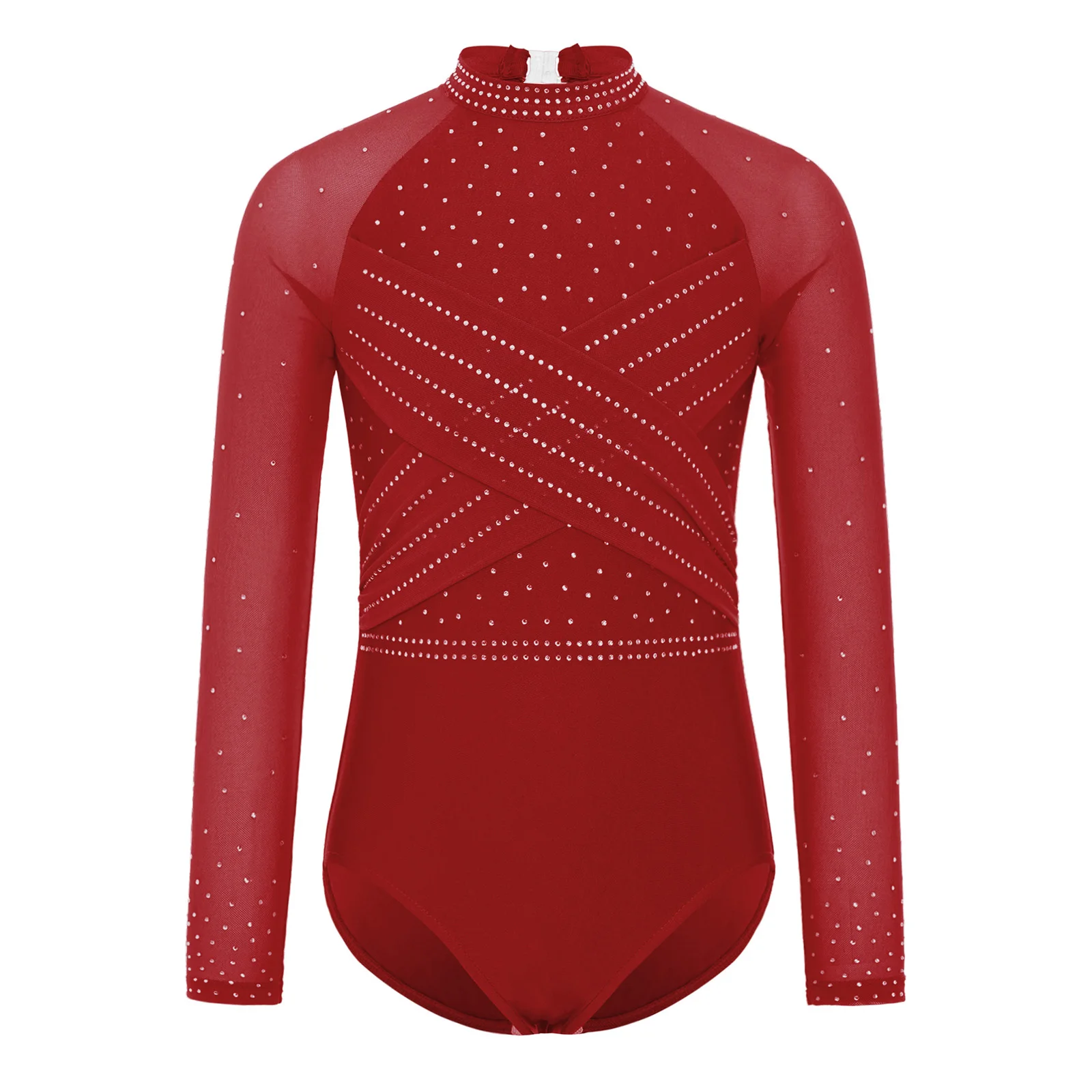 6-16Y الفتيات الجمباز الشكل التزلج يوتار بقماش شفاف لامعة حجر الراين طويلة الأكمام ارتداءها الباليه الرقص البهلوانية بذلة