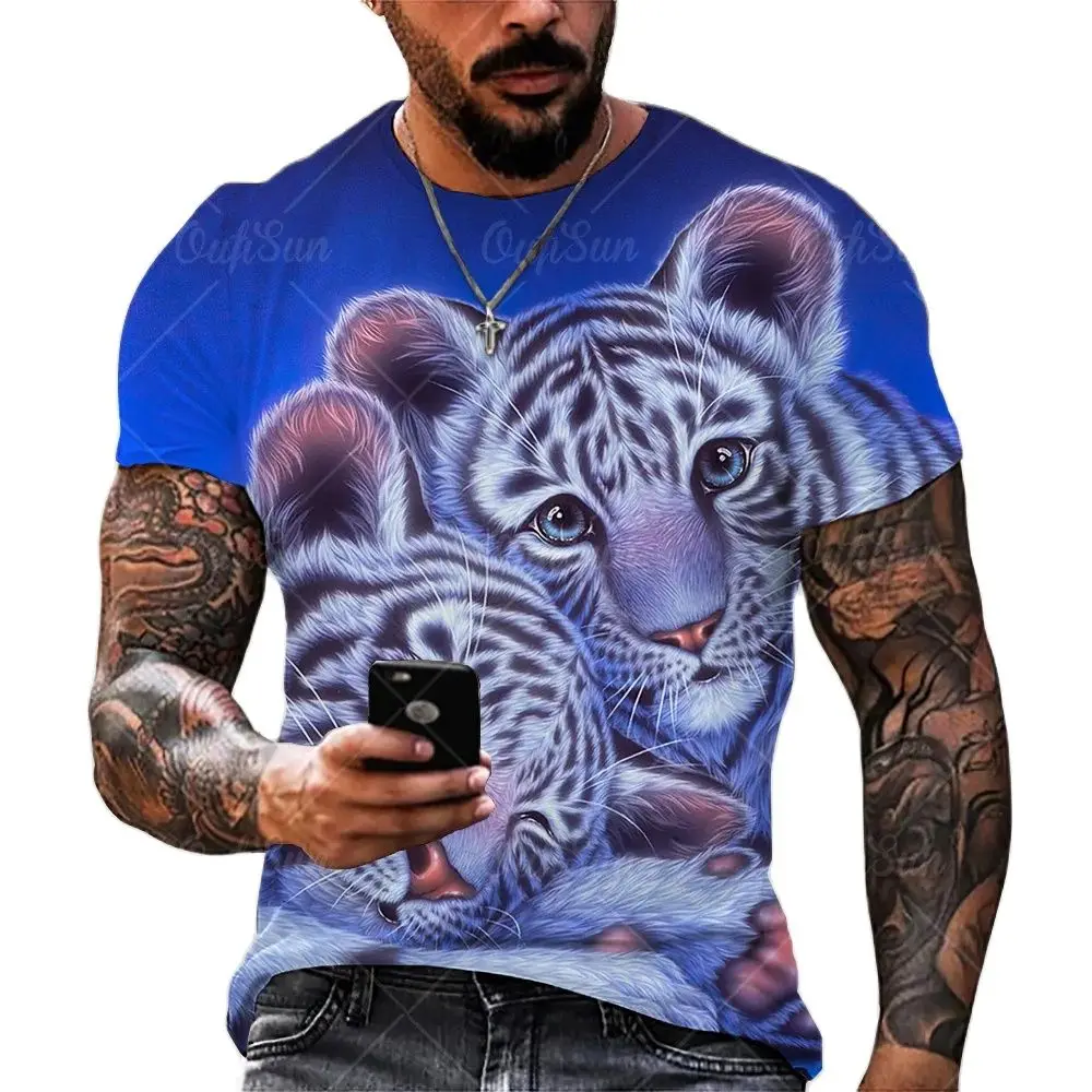 Tier Tiger Print Sommer Herren T-Shirts atmungsaktive Polyester O-Ausschnitt lose Kurzarm Tops lässig T-Shirt Herren Kleidung 3xl