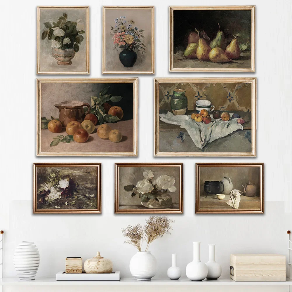 Vintage PRINTABLE Neutral Still Life Roses Painting Botanical Print Wall Art Farmhouse Fruit Artwork for Country Kitchen Deco