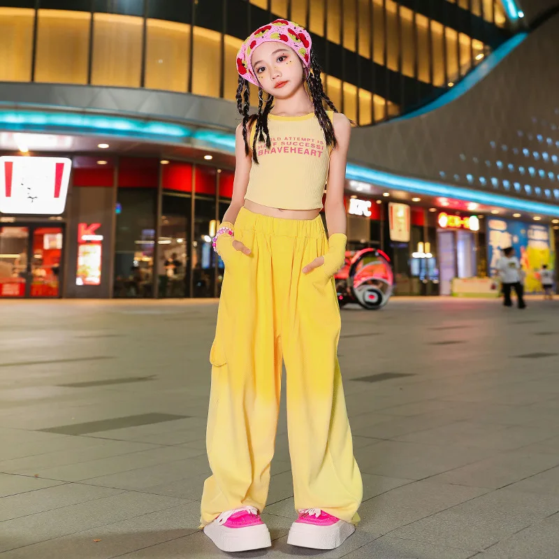 

Kid Kpop Hip Hop Clothing Letter Tank Crop Top Glove Yellow Gradient Casual Wide Baggy Pants for Girl Jazz Dance Costume Clothes