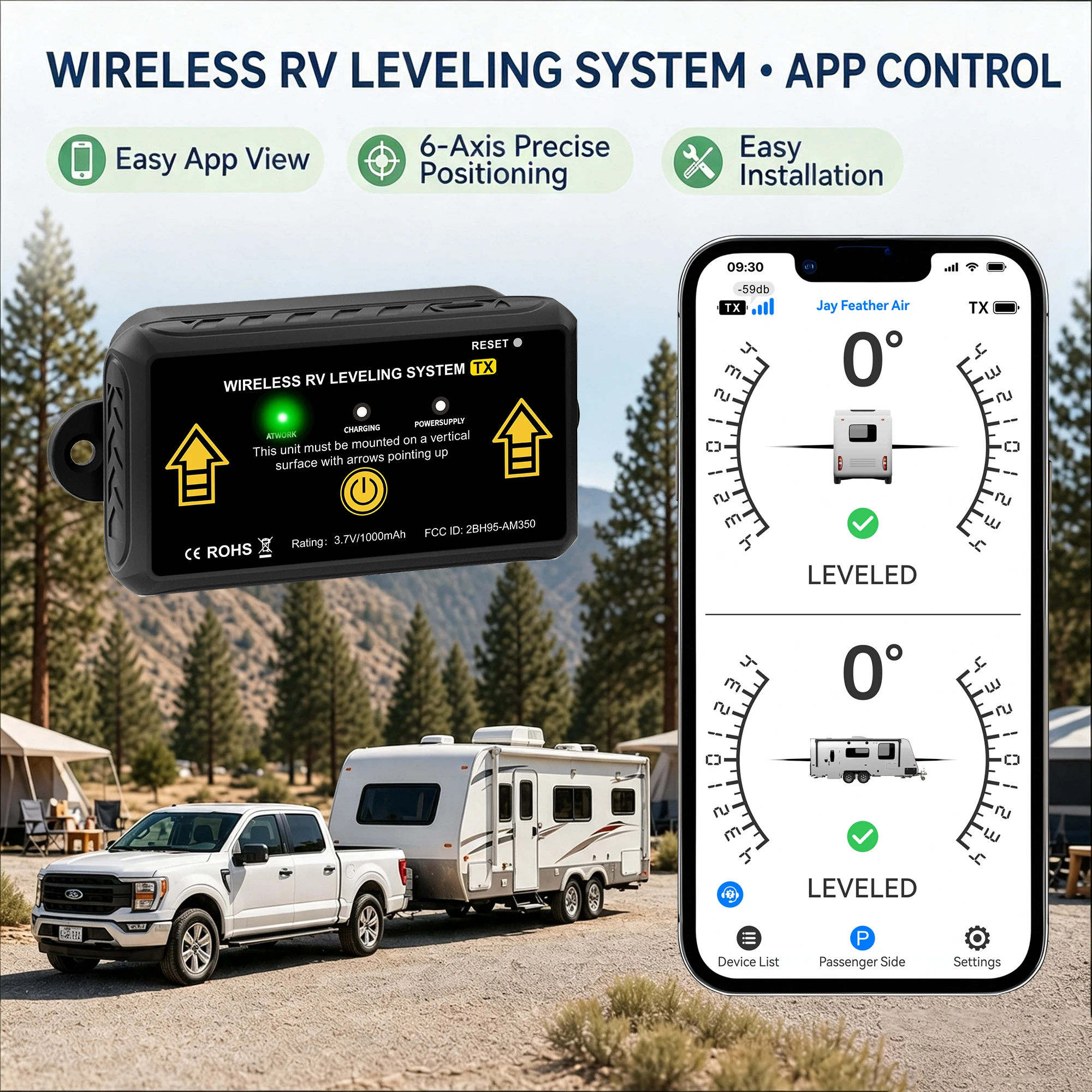 Wireless RV Leveling System, Bluetooth App Real-Time Pitch and Roll Display, Magnetic Mount for Camper Trailer Motorhome