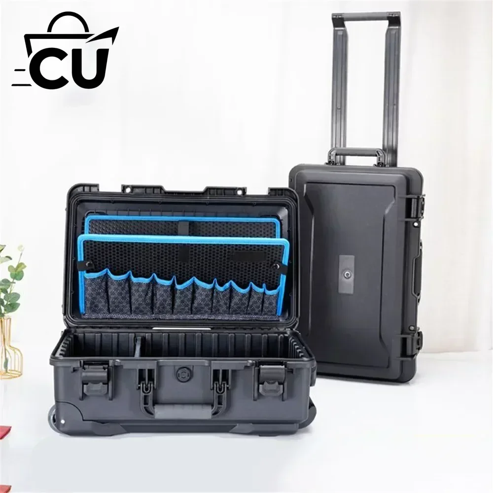 Tool Box Outdoor Hard Case with Trolley Pocket Boards Wheel Electrician Tools Chest Organizers Electric Drill Garage Storage