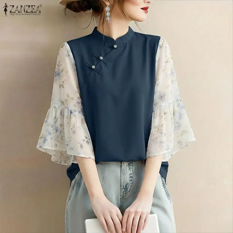 

ZANZEA Woman Elegant Blouses Vintage Mandarin Collar Floral Printed 3/4 Flare Sleeve Tunic Tops Summer Patchwork Blusas de Mujer