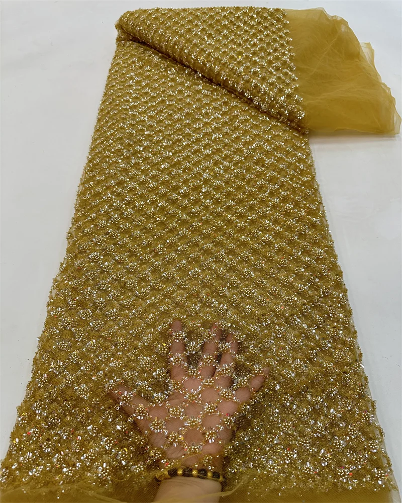 Ouro elegante artesanal miçangas bordado francês tule renda tecido para festa nigeriano luxo lantejoulas renda tecido casamento