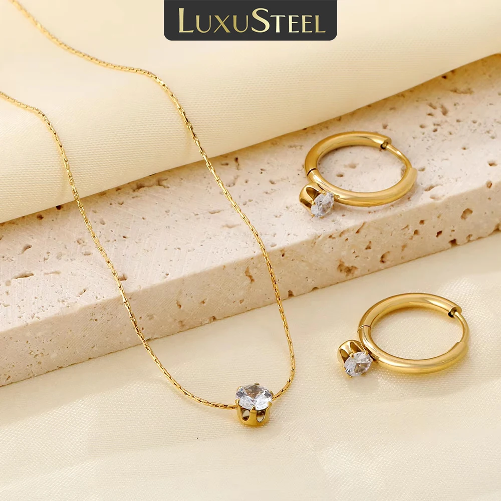 LUXUSTEEL Round Shaped Rhinestone Pendants Necklace Earring Sets For Women Stainless Steel Chain Necklace Wedding Jewelry Set