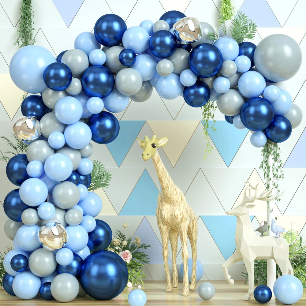 Navy Blue Pastel Blue Grey Latex Balloon 4D Silver Foil Balloon Garland Arch Kit for Birthday Baby Shower Party Decoration