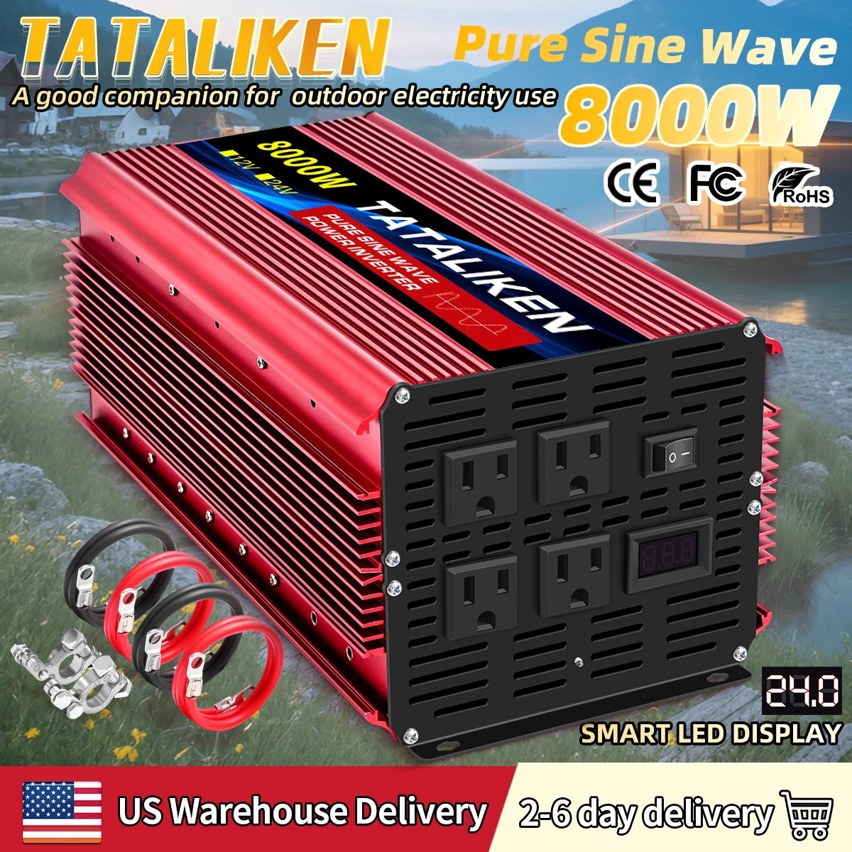 

1000W/4000W/7000W/8000W 2 Sockets Household Car Inverter DC24V to AC110V Pure Wave String 60HZ