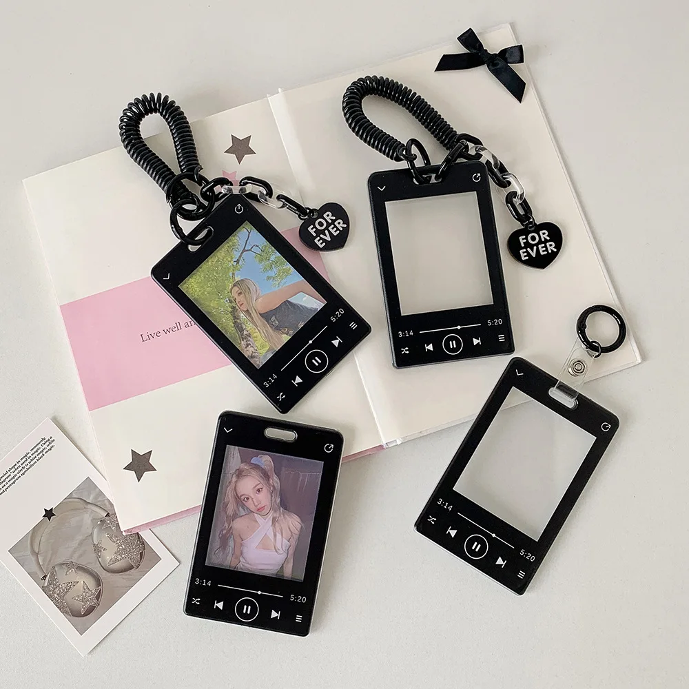 Black Keychain Retractable Reel with Clear ID Card Holder Student Pass Sleeve for KPOP Album Cards Colorful Collectors Accessory