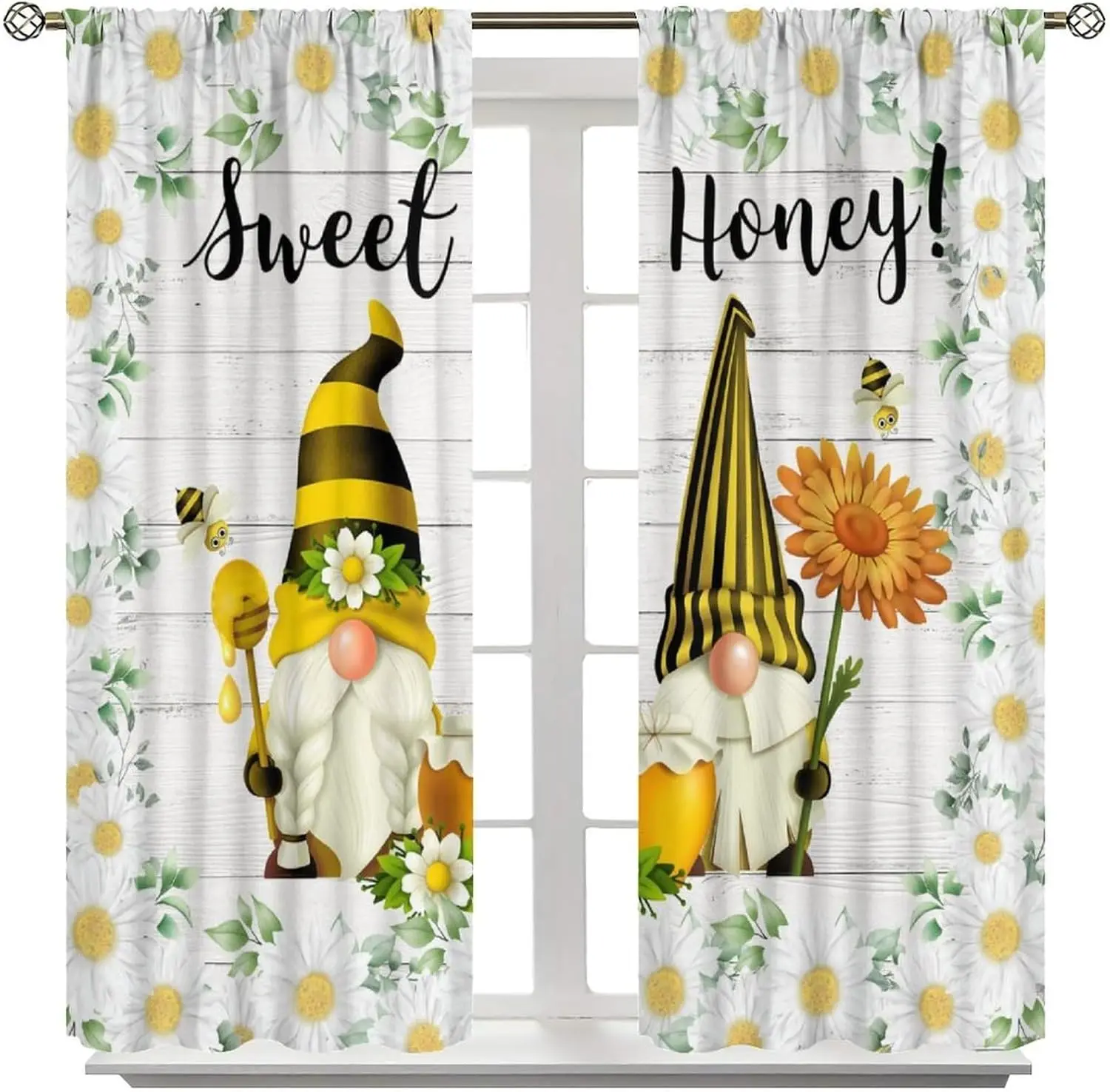 Sweet Honey Floral Curtains 2pcs Cottagecore Spring Window Decor Pair Bee Wizard Gnome Nursery Backdrop