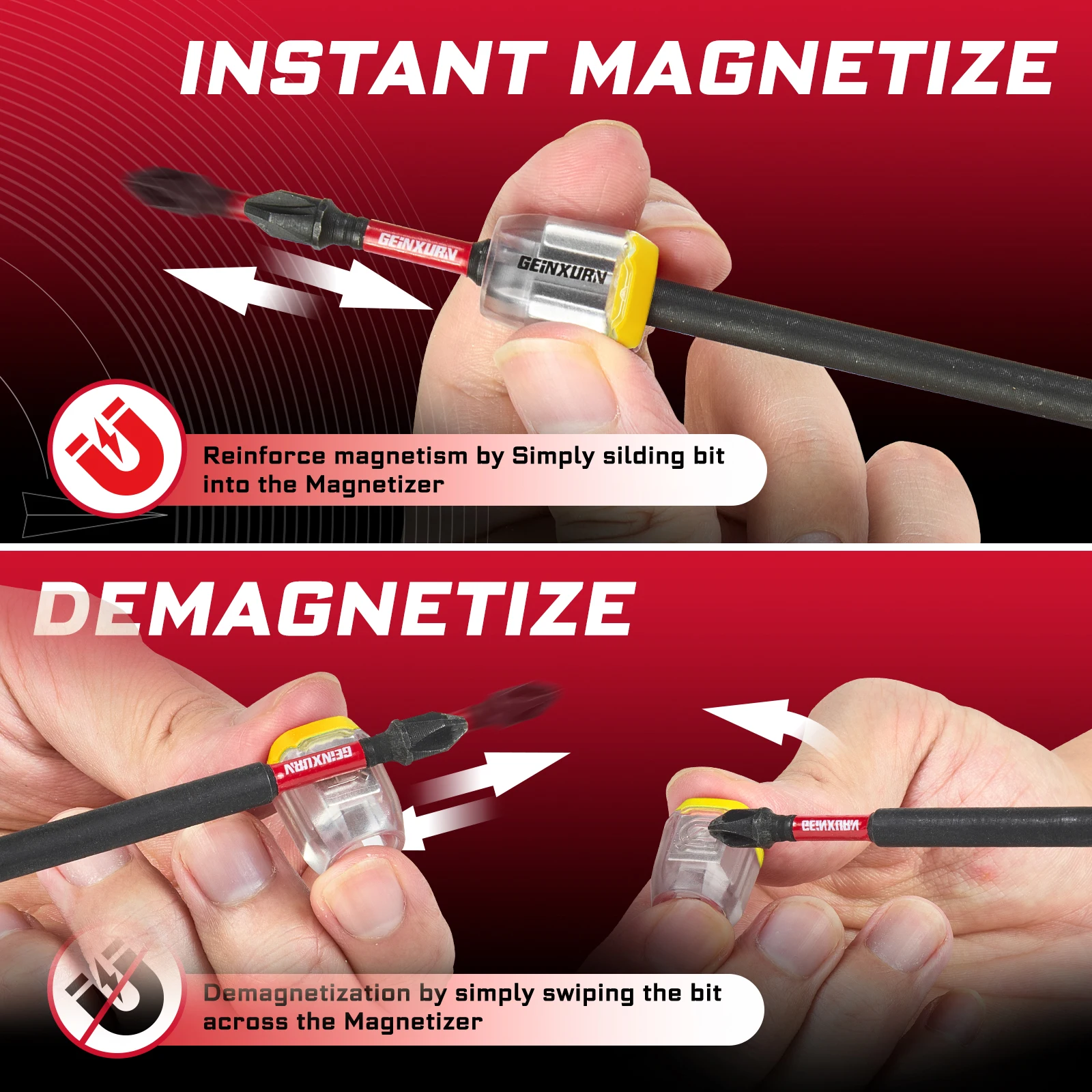 Geinxurn 54PCS 1“2”3"6"Impact Magnetic PZ1,PZ2,PZ3 Screwdriver Bit Set,S2 Alloy Steel Bit with Magnetizer/Demagnetizer with Base view 5