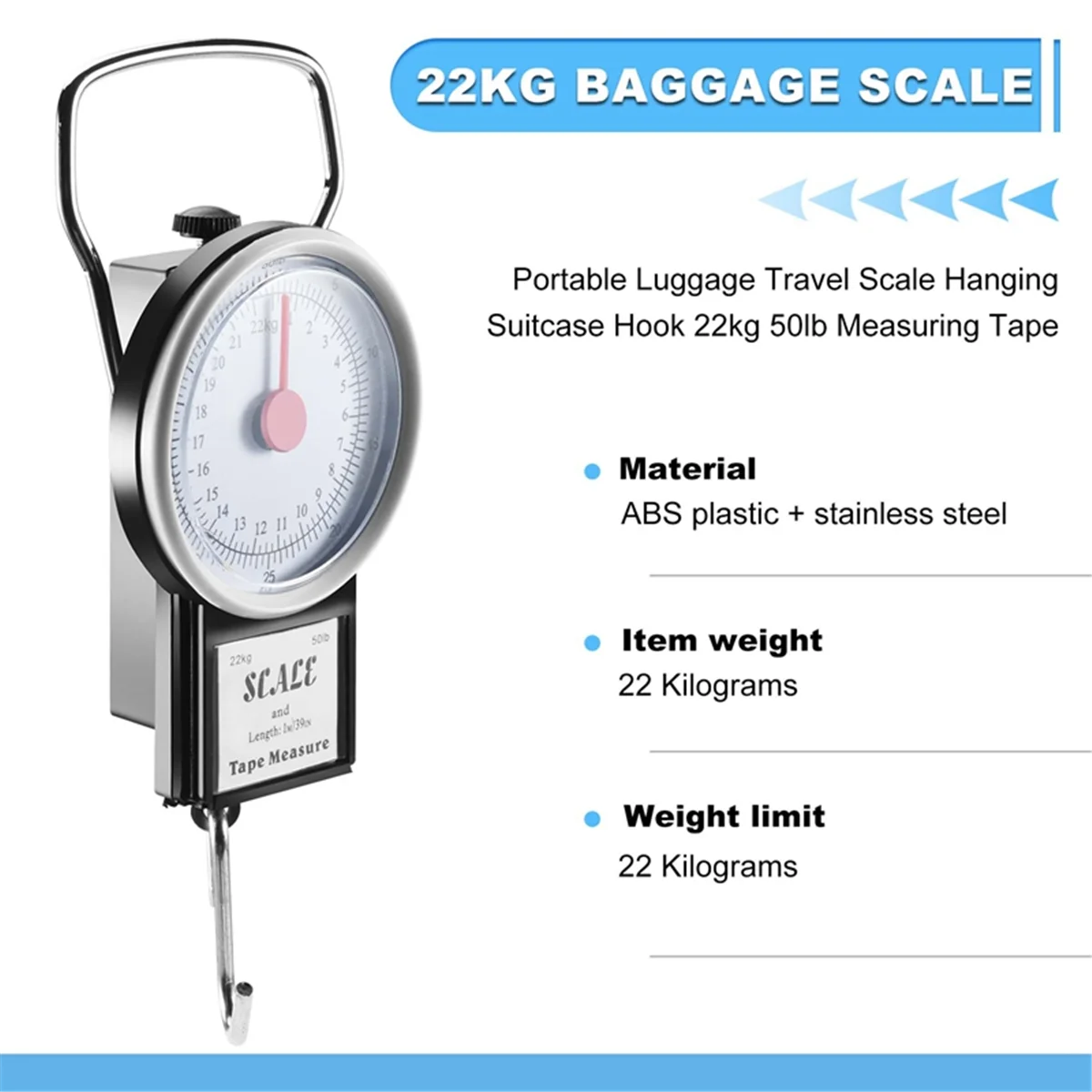 Portable Luggage Travel Scale Hanging Suitcase Hook 22kg 50lb Measuring Tape
