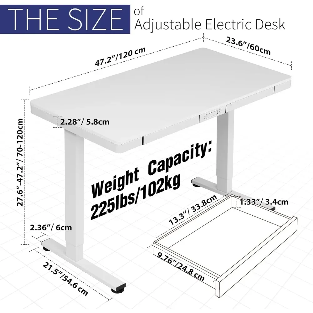 Electric Adjustable Standing Desk with Drawers and Charging USB Port, 47.2