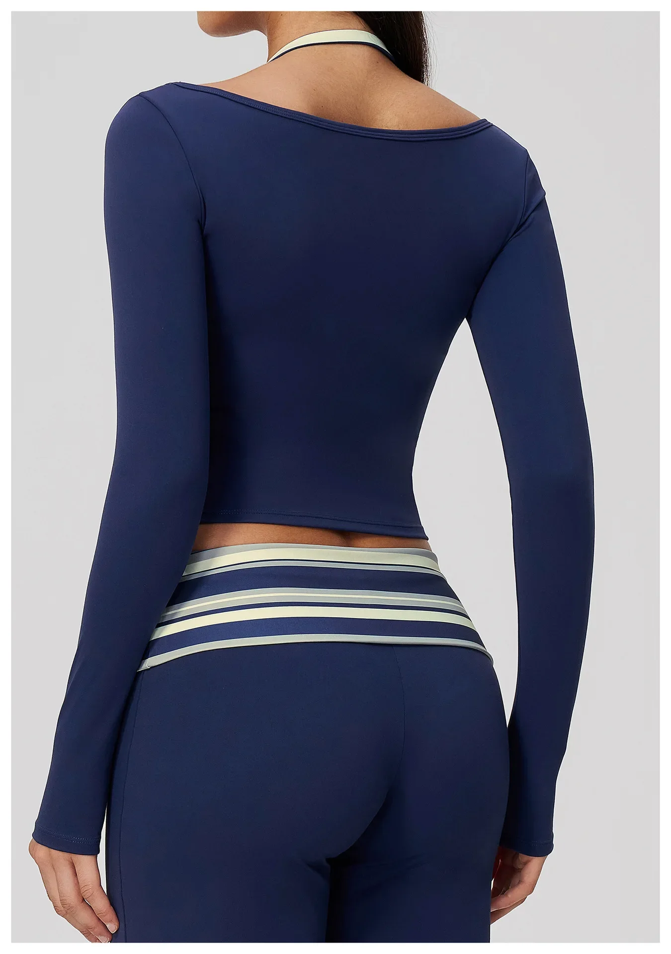 Yoga Langarm-Fitness-Top, Gym-Workout, Damen-Top mit Neckholder, Streifenmuster, kurzes, aktives Shirt, atmungsaktiv, für Sport und Training – Detail 10