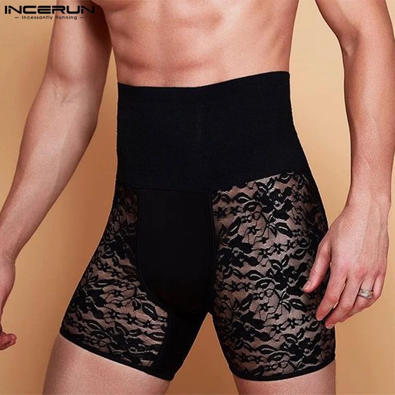 Men Shorts Lace Patchwork High Waist Transparent Shorts Streetwear Elastic 2024 Sexy Summer Fashion Men Bottoms S-5XL INCERUN