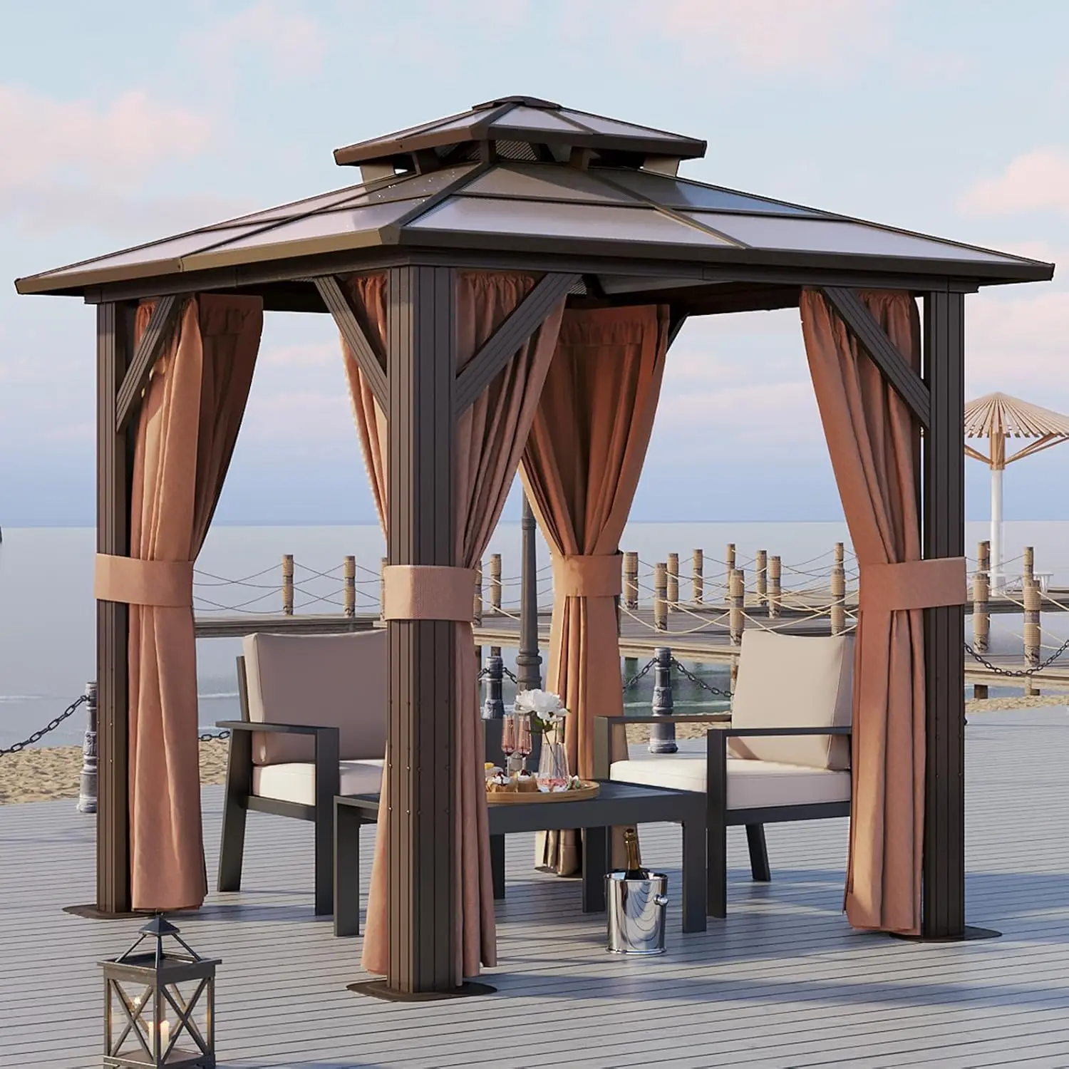 

8'x 8' Hardtop Gazebo Outdoor Polycarbonate Double Top Canopy Aluminum Frame Gazebo with Netting and Curtains Sunshade for Garde