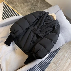 2022 Winter Women Down Coats Short Parkas Solid V-neck Loose Thick Warm Outwear Jacket Female Office Lady Tops With Belt