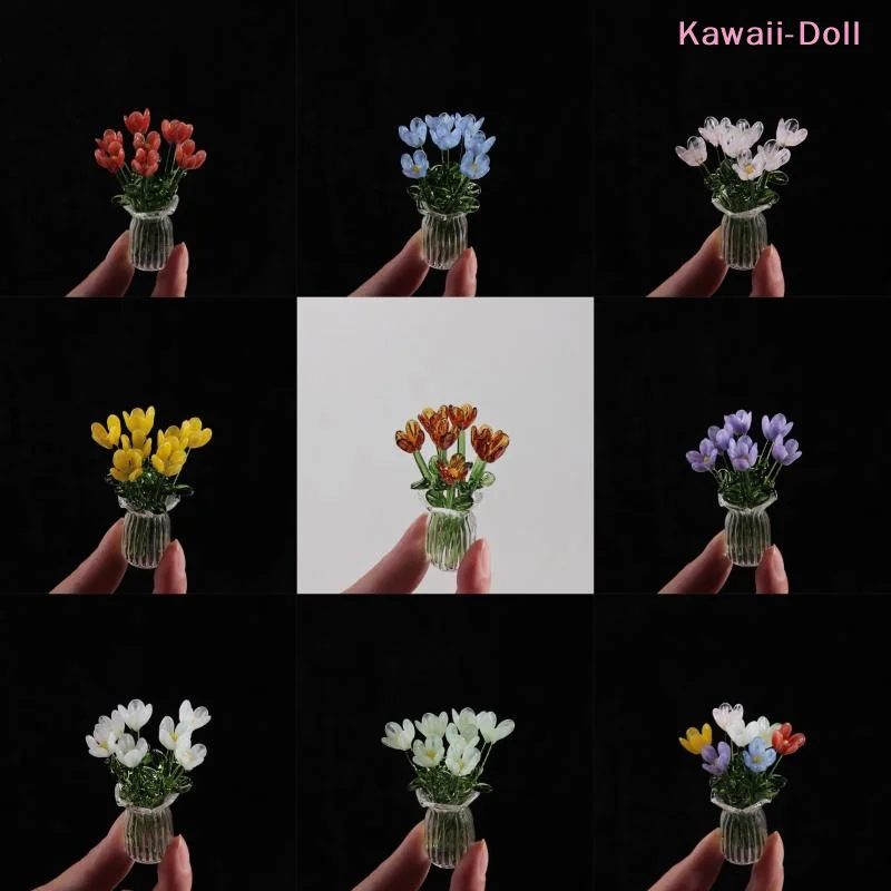 1Set Dollhouse Simulation Mini Flowers Handcrafted Floral Sculpture Floral Bouquet With Vase Lifelike Glass Flowers Gift
