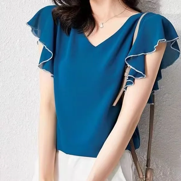 Elegant Short Sleeve V-Neck Loose Chiffon Blouse Beautiful Lace Puff Sleeve Spring Summer New Style Women's Fashion Top