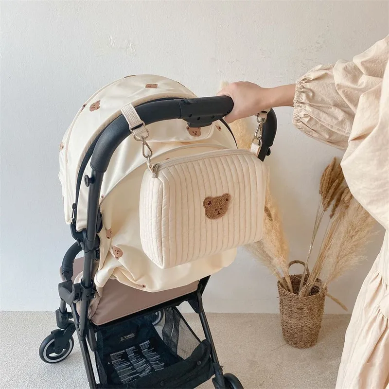 Baby Carriage Hanging Bag Multifunctional Baby Stroller Storage Diaper Bags Clutch Bag Outdoor Baby Embroidered Bear Mommy Bag