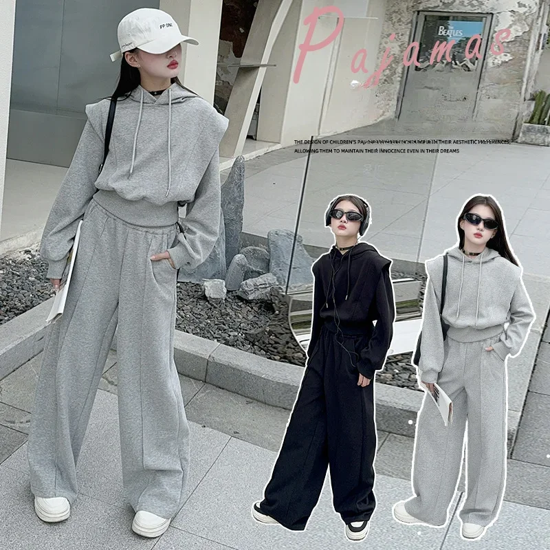 Girls' Spring and Autumn Collection 2024 New Korean Style Fashionable Short Hoodie Wide Leg Pants Long Pants Floor Pants