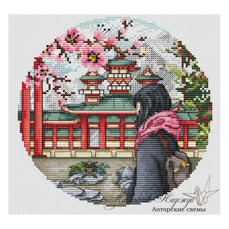 

Cross-stitch set: Back View Girl Cherry Blossom 28ct, 18ct, 14ct, 11ct. You can choose the printed fabric hand-embroidery materi