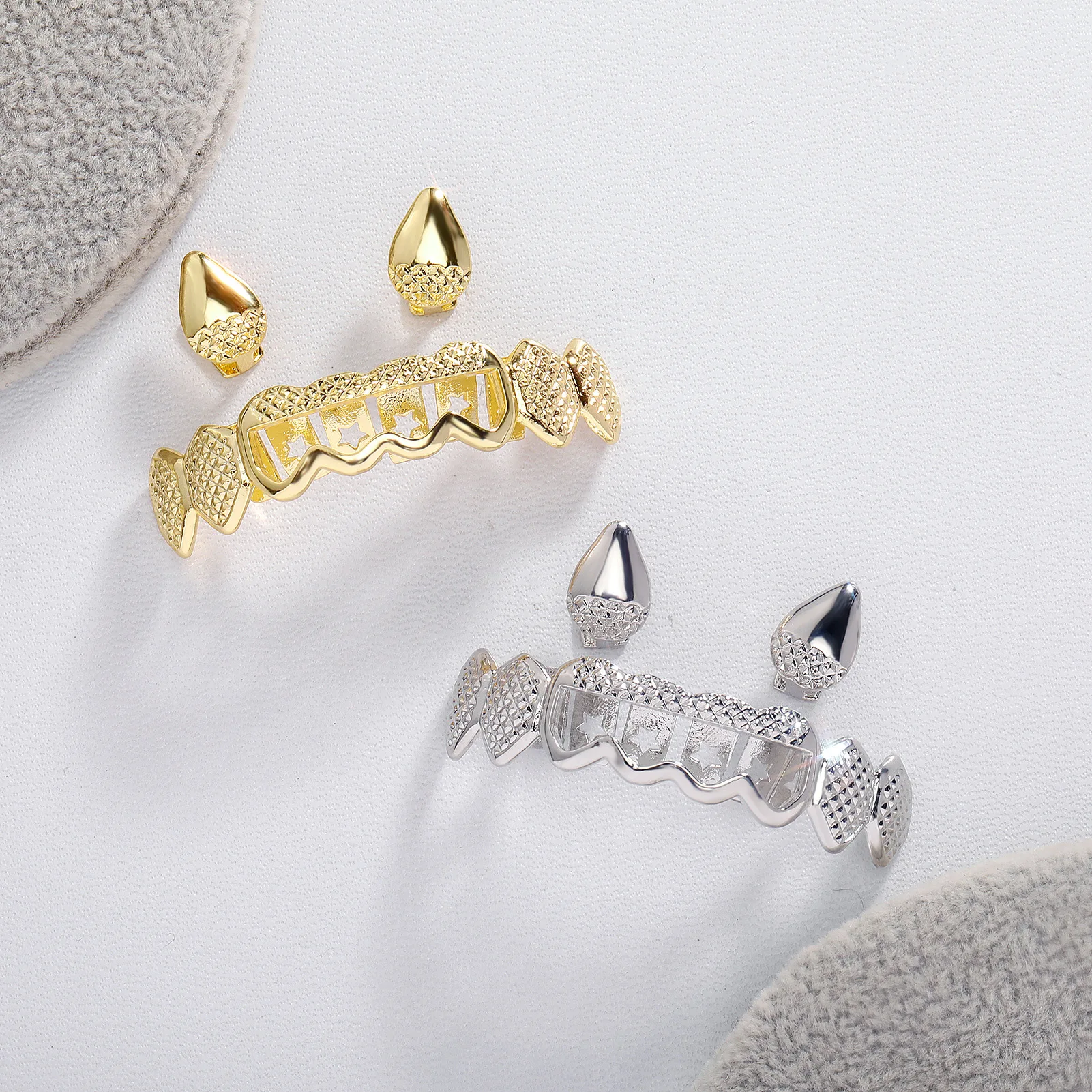 Hip Hop Hollow Out CZ Teeth Grillz Caps Cubic Zircon Iced Out Micro Pave Top&Bottom Charm Grills For Men Women Jewelry Cosplay