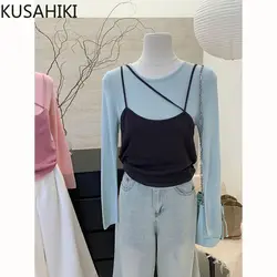 KUSAHIKI Two Piece Set Knitted Camisole Vest+ Thin Fashionable Solid Color Long Sleeved Bottom Shirt Sets for Women